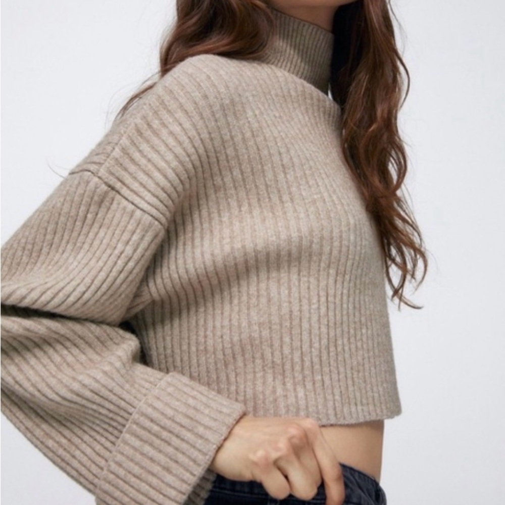 Zara Mock Neck Ribbed Sweater Tan Size - Picture 2 of 10
